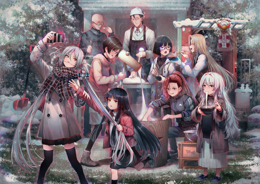 2boys, 6+girls, bald, black_hair, blonde_hair, bowl, cellphone, chopsticks