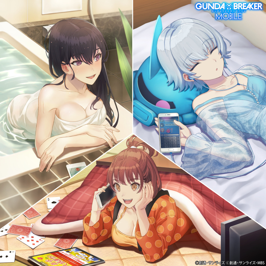3girls, absurdres, artist_request, bangs, blush, breasts, brown_hair, building, commentary, commentary_request, copyright, copyright_name, dress_shirt, dutch_angle, gundam, gundam_breaker_mobile, hairband, high_ponytail, highres, ichinose_yuri, kotomori_ren, kuzunoha_rindou, large_breasts, leaning_forward, lens_flare, light_blue_hair, light_brown_eyes, lips, long_hair, long_skirt, miniskirt, multiple_girls, neck_ribbon, official_art, plaid, plaid_skirt, pleated_skirt, purple_eyes, purple_hairband, ribbon, scarf, shirt, short_hair, short_sleeves, skirt, sleeveless, sleeveless_shirt, sweat, tied_hair