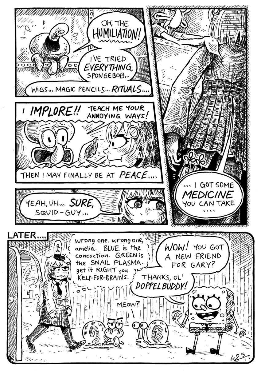 1boy, 1girl, angry, animalization, clenched_hands, english_commentary, gary_(spongebob_squarepants), greyscale