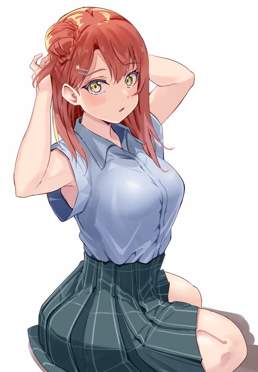 1girl, absurdres, adjusting_hair, armpits, arms_behind_head, asymmetrical_bangs, bangs, blush