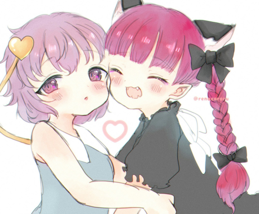 2girls, :3, animal_ears, black_bow, blush, bow, cat_ears, chibi
