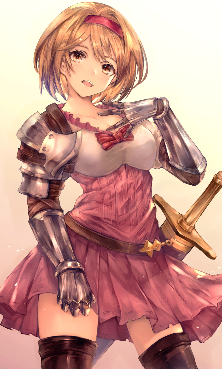 1girl, absurdres, armor, bangs, belt, blonde_hair, breasts, brown_hair, brown_legwear, collarbone, cowboy_shot, djeeta_(granblue_fantasy), dress, gauntlets, granblue_fantasy, hairband, highres, looking_at_viewer, medium_breasts, monogrbl, open_mouth, pink_dress, pink_hairband, scabbard, sheath, sheathed, short_hair, shoulder_armor, smile, solo, sword, thigh-highs, weapon, white_background
