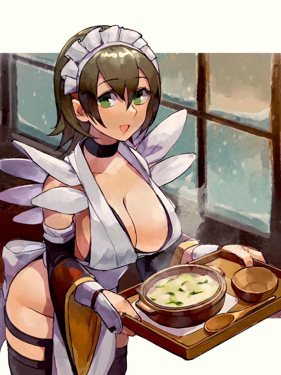 apron, bare_shoulders, black_hair, black_leotard, breasts, flipped_hair, frilled_leotard, frills