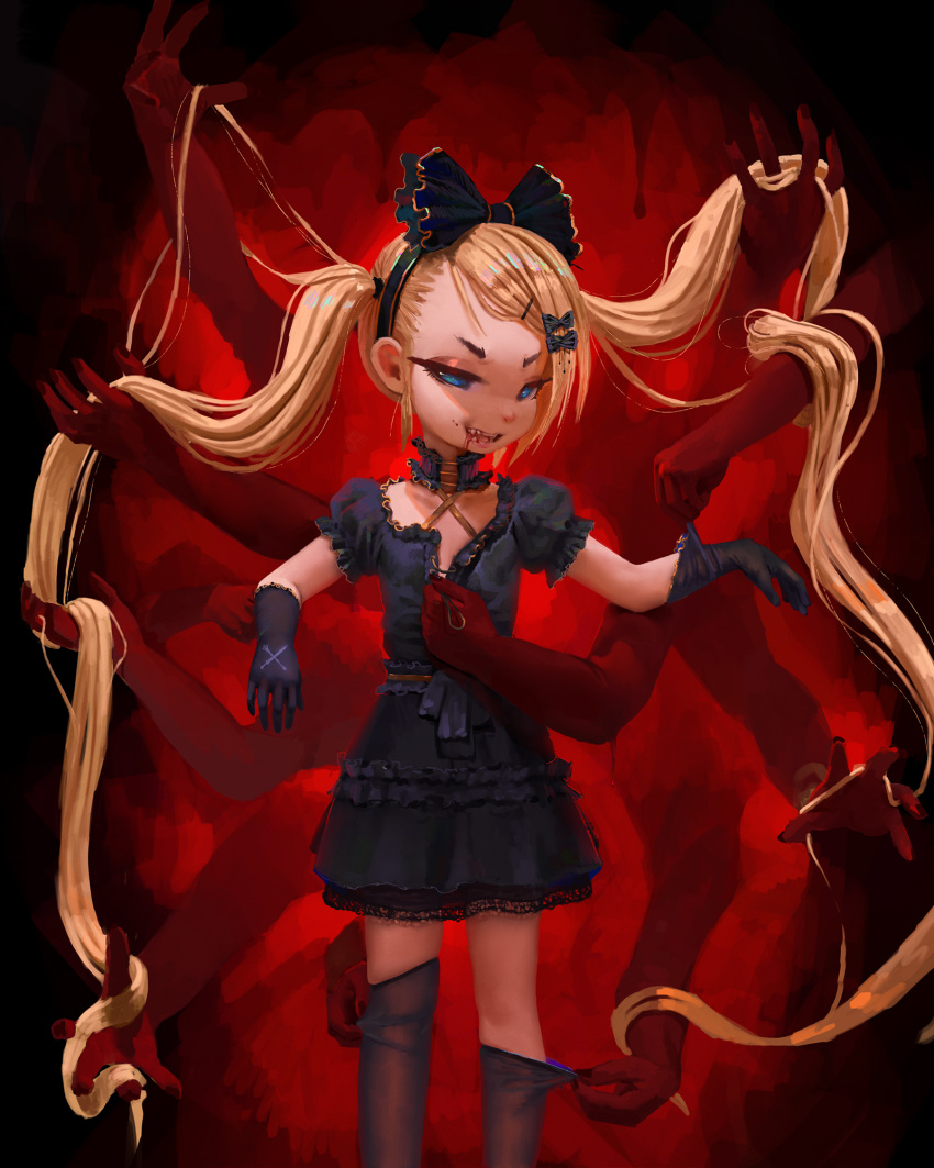 1girl, bangs, black_bow, black_dress, black_gloves, black_hairband, blonde_hair, blood