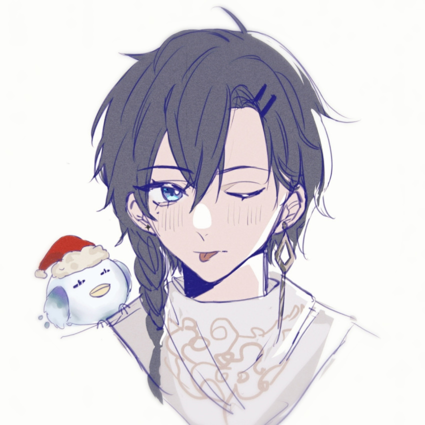 1boy, :p, bird, blue_eyes, blue_hair, blush, braid, ear_piercing, grey_hair, hair_ornament, hairclip, hat, highres, jia_yi_yi, mole, mole_under_eye, nijisanji, one_eye_closed, pale_skin, piercing, santa_hat, tongue, tongue_out, virtuareal, yog_(virtuareal)