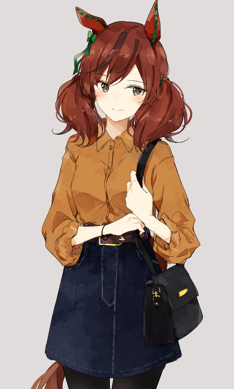 1girl, alternate_costume, animal_ears, bag, bangs, belt, bow, brown_eyes, brown_hair, cowboy_shot, denim, denim_skirt, ear_covers, hair_bow, handbag, highres, horse_ears, horse_girl, horse_tail, light_blush, long_sleeves, multicolored_hair, nice_nature_(umamusume), ninjin_nouka, orange_shirt, pantyhose, shirt, skirt, smile, solo, tail, twintails, two-tone_hair, umamusume
