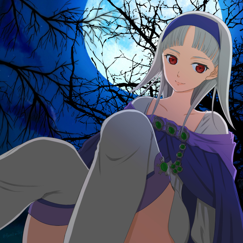 1girl, albino, cape, closed_mouth, dress, full_moon, gensou_suikoden, gensou_suikoden_ii, hairband, highres, long_hair, looking_at_viewer, miru_morinaga, moon, red_eyes, sierra_mikain, silver_hair, skirt, smile, solo, suikoden_ii, thigh-highs, tree, white_hair