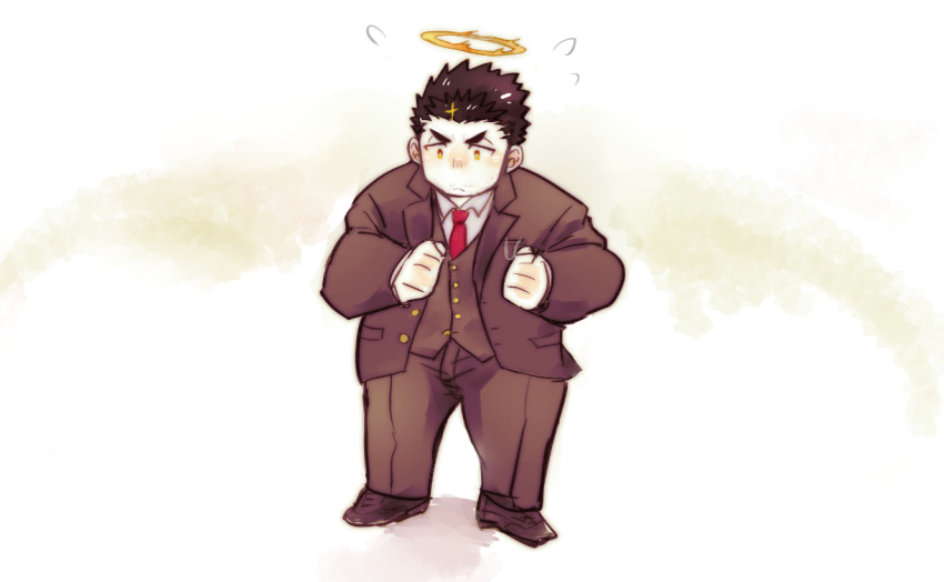 1boy, chibi, facial_hair, flaming_halo, flying_sweatdrops, formal, full_body, male_focus