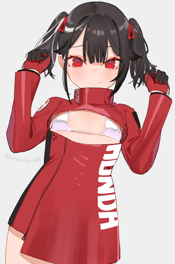 1girl, beijuu, beni-chan_(beijuu), bikini, bikini_top, black_hair, blush, breast_cutout