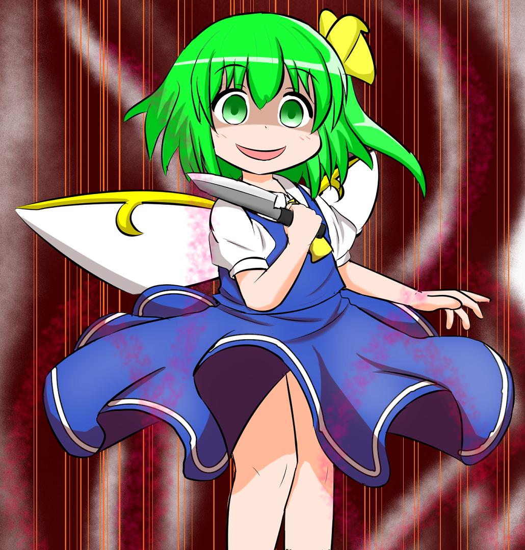 1girl, blue_dress, blush, collared_shirt, coruthi, crazy_smile, daiyousei, dress