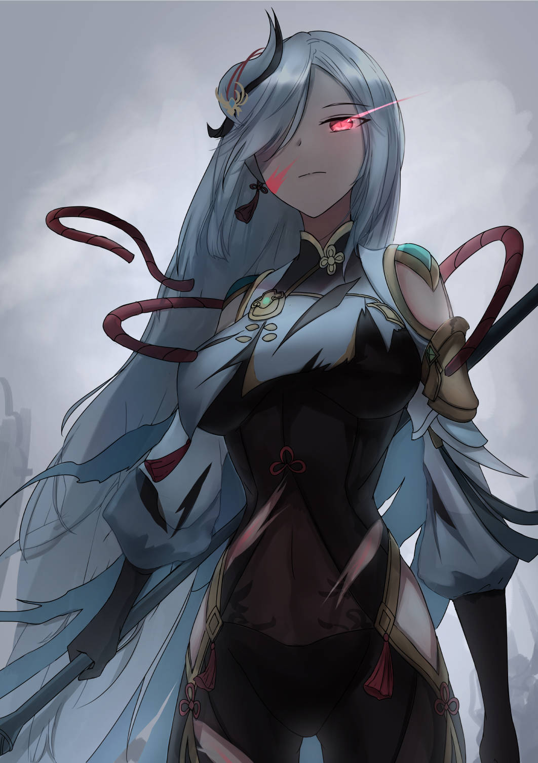 black_gloves, blood, blood_on_face, bodysuit, breast_curtain, breasts, clothing_cutout, covered_navel