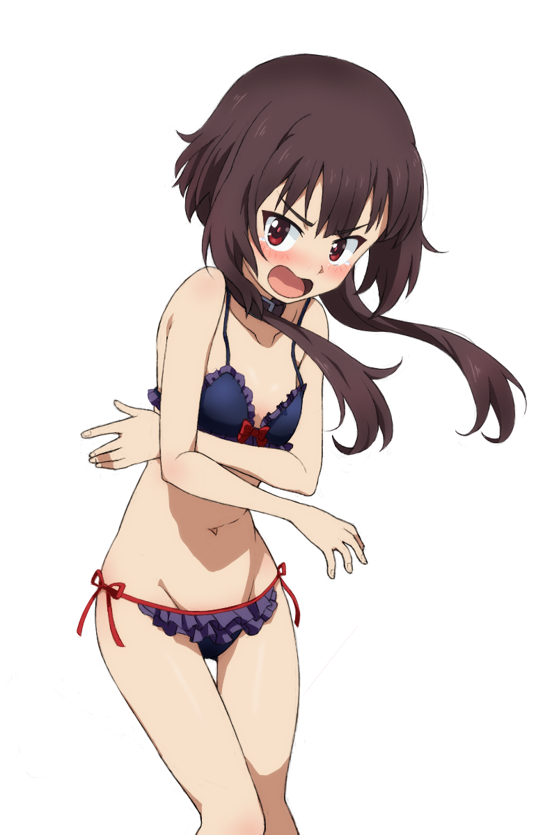 1girl, bangs, bare_shoulders, bikini, black_bikini, black_hair, blush, breasts, choker, embarrassed, frilled_bikini, frills, highres, kayabakoro, kono_subarashii_sekai_ni_shukufuku_wo!, long_hair, looking_at_viewer, megumin, navel, red_eyes, short_hair_with_long_locks, side-tie_bikini, simple_background, small_breasts, standing, swimsuit, white_background