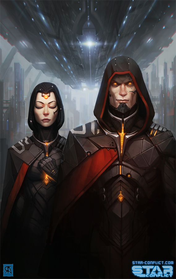 1boy, 1girl, armor, artificial_eye, asymmetrical_clothes, black_armor, black_bodysuit, black_clothes