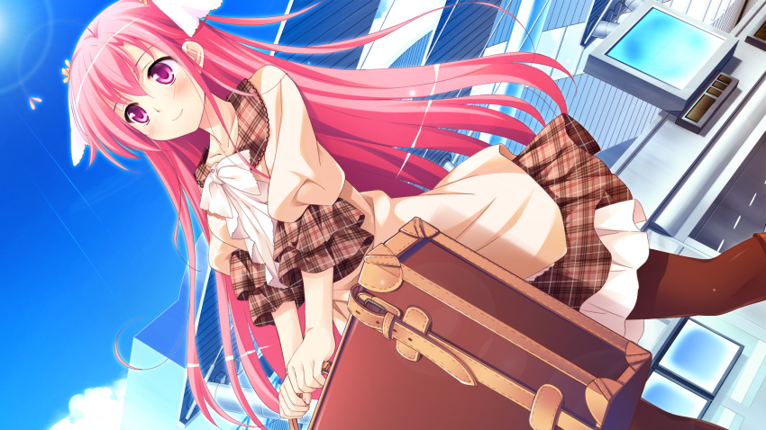 1girl, bangs, blue_sky, blush, bow, bowtie, brown_legwear, brown_skirt