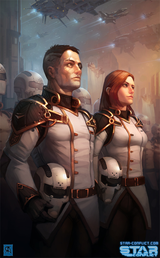 1boy, 1girl, armor, belt, black_eyepatch, breasts, brown_belt, brown_hair