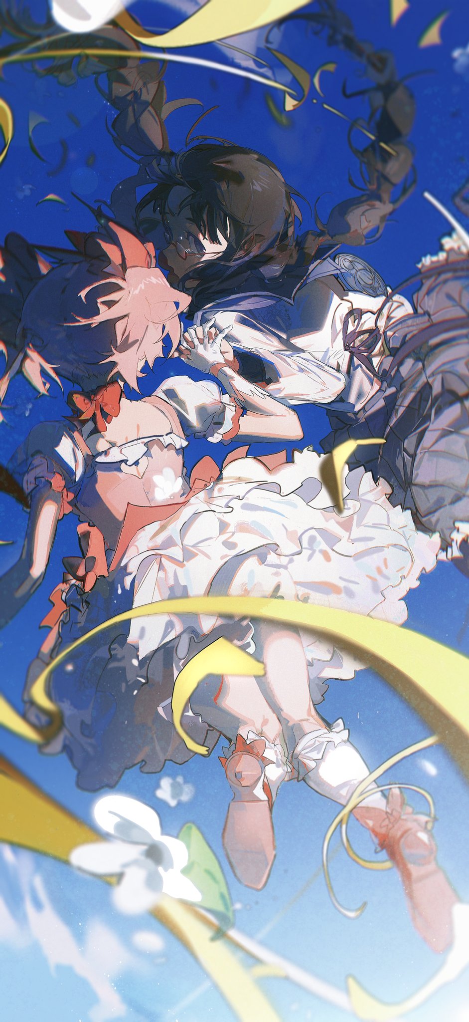 2girls, akemi_homura, bangs, black_hair, blue_background, blue_eyes, blurry, bow