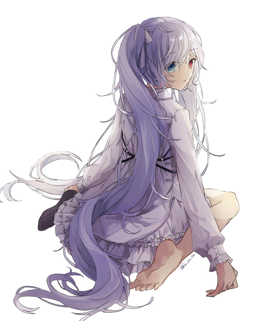 1girl, 25-ji_miku, barefoot, black_legwear, blue_eyes, commentary_request, dress, eyebrows_visible_through_hair