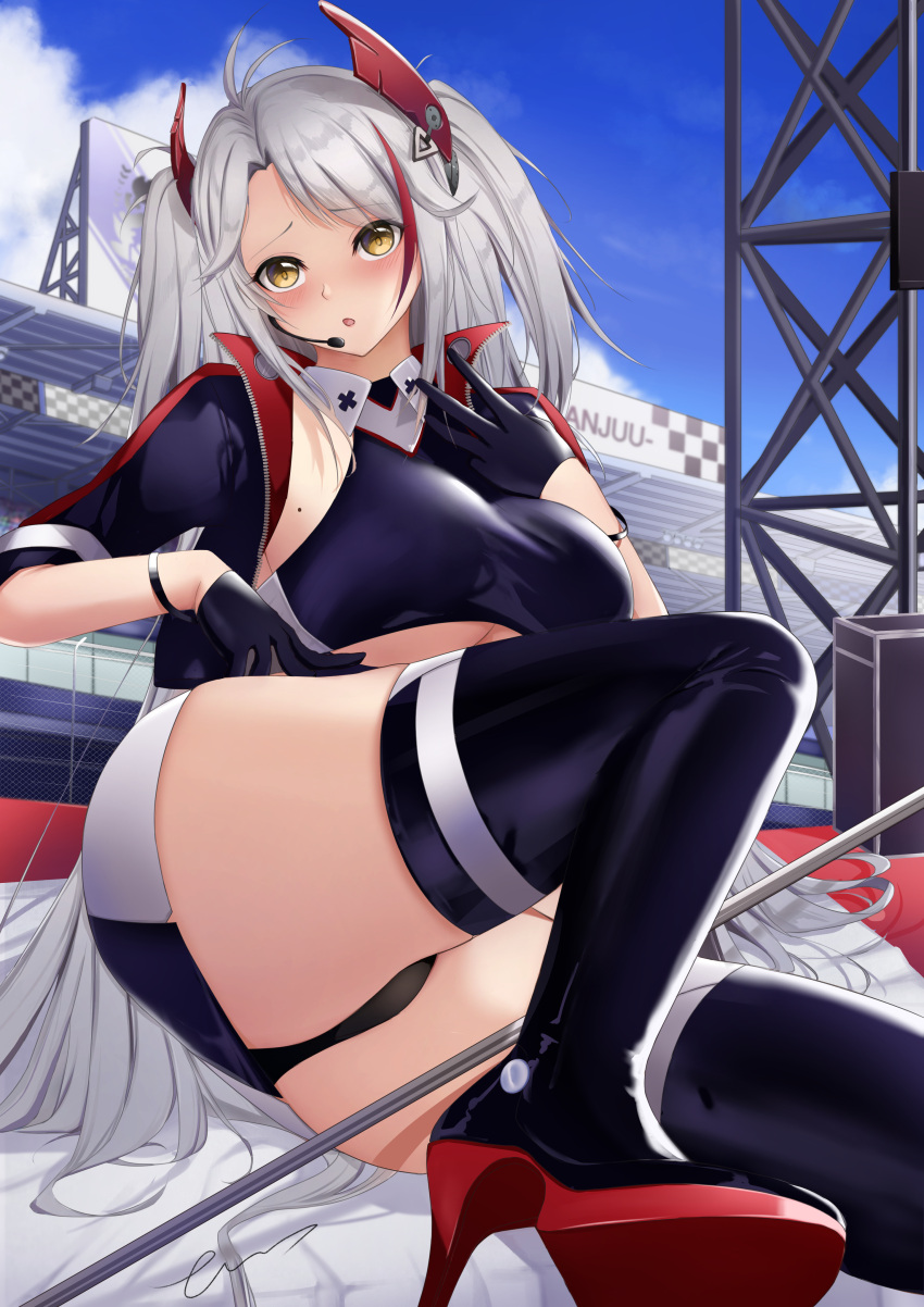 1girl, absurdres, ass, azur_lane, black_panties, blue_sky, boots, breasts