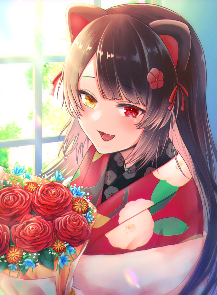 1girl, :3, animal_ears, blue_flower, bouquet, brown_eyes, brown_hair, dog_ears