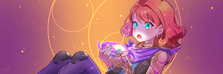 1girl, astra_(valorant), astra_(valorant)_(cosplay), bangs, borrowed_character, brown_jacket, cosplay, earrings