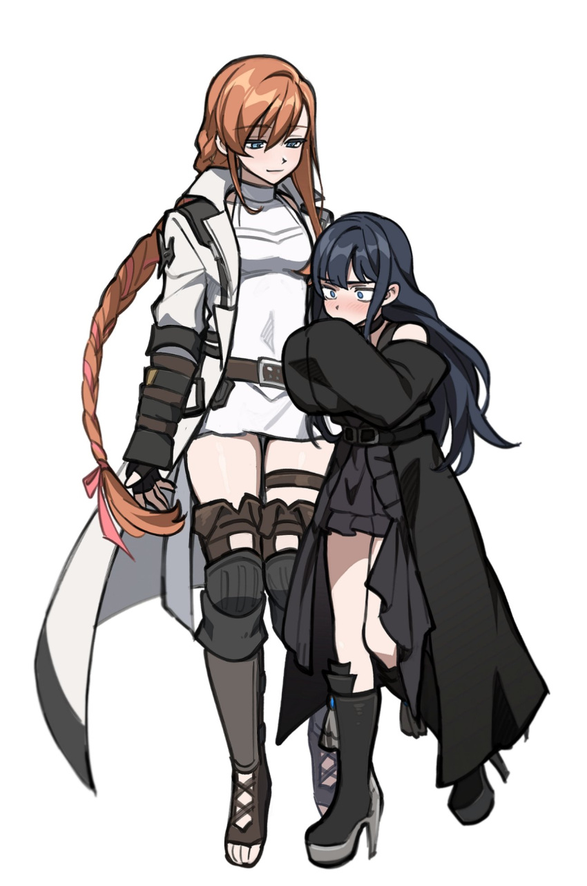 2girls, belt, belt_buckle, black_hair, blue_eyes, blush, boots, braid
