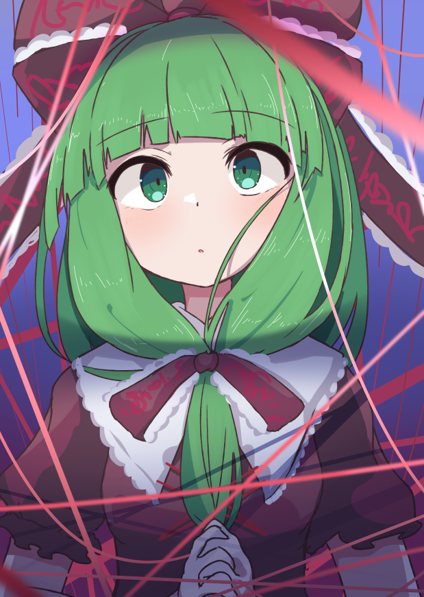 1girl, bangs, blush, bow, breasts, dress, eyebrows_visible_through_hair, frilled_bow