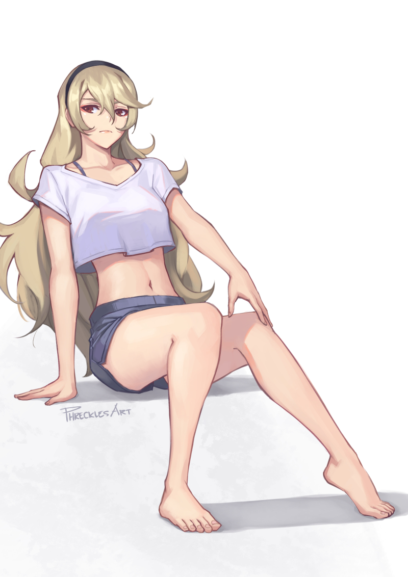 1girl, alternate_costume, arm_support, bangs, bare_legs, barefoot, black_hairband, blonde_hair