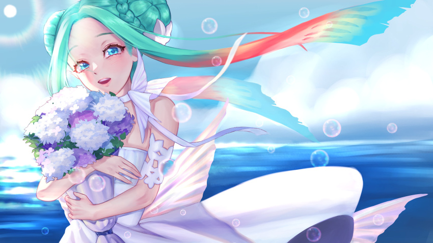 1girl, absurdres, anon_non_(artist), aqua_hair, blue_eyes, bouquet, braid, braided_bun