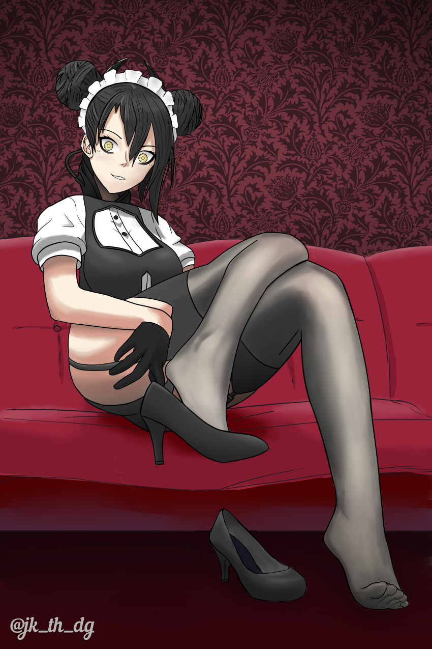 1girl, absurdres, agent_(girls'_frontline), bangs, black_footwear, black_gloves, black_hair, black_legwear