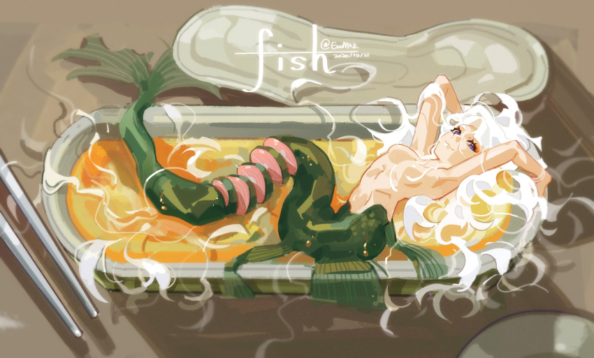 1girl, arms_up, breasts, can, chopsticks, closed_mouth, completely_nude, dated