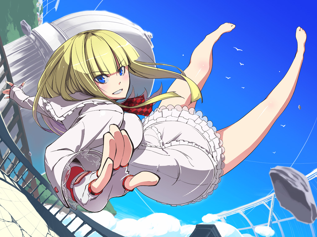 barefoot, blonde_hair, blue_eyes, emilie_de_rochefort, feet, gloves, gun_zi_(i&amp;eyes), namco