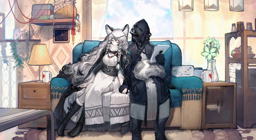 1boy, 1girl, absurdres, animal_ear_fluff, animal_ears, arknights, basket, belt
