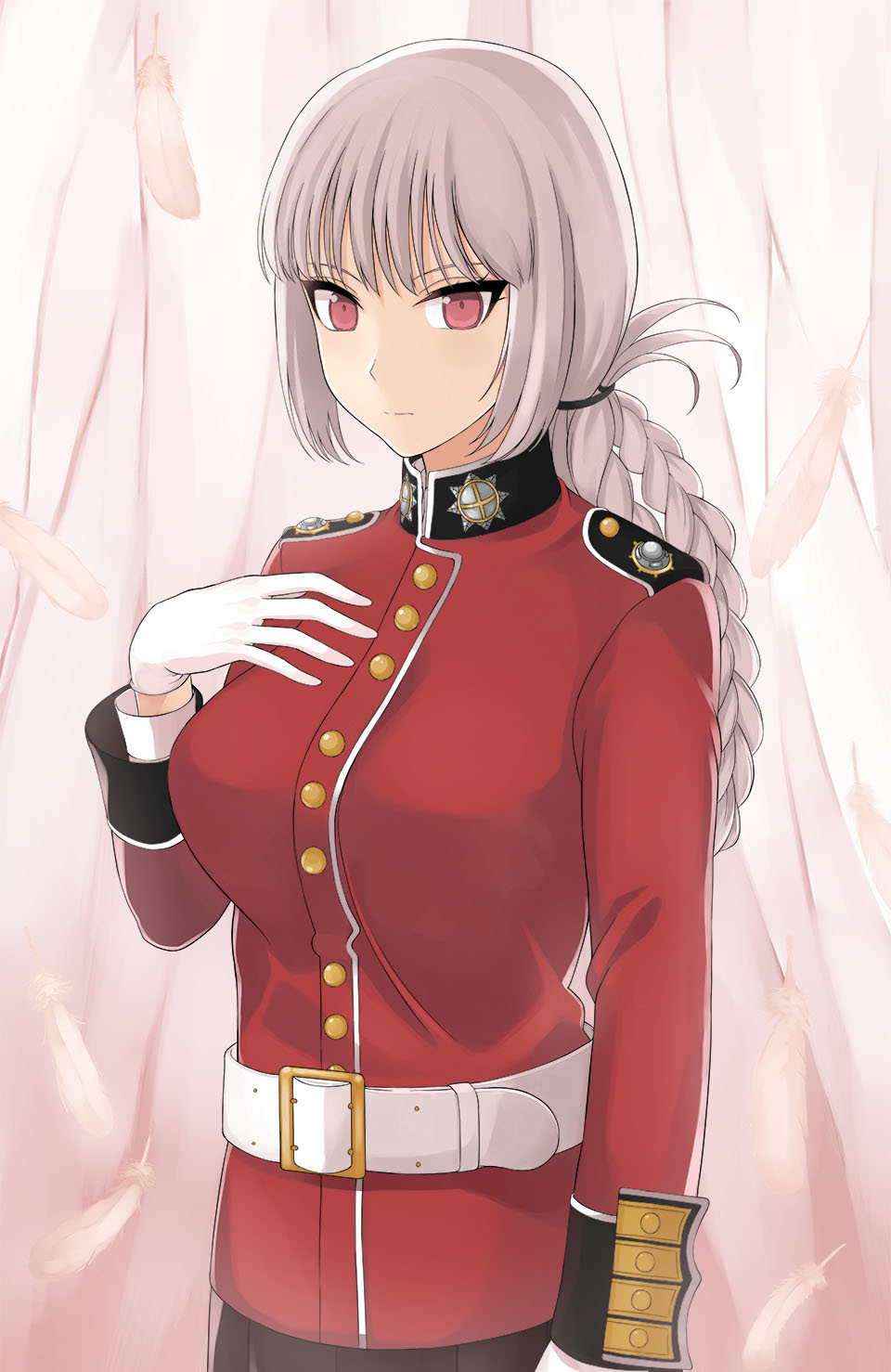 1girl, bangs, belt, black_skirt, blush, braid, braided_ponytail, breasts, buttons, clipboard, fate/grand_order, fate_(series), florence_nightingale_(fate/grand_order), folded_ponytail, fuyutuji, gloves, highres, jacket, large_breasts, long_hair, long_sleeves, pantyhose, parted_lips, pink_hair, red_eyes, red_jacket, sitting, skirt, thighs, white_gloves, white_legwear