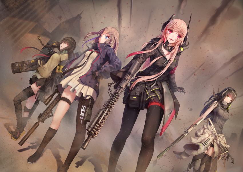 4girls, anti-rain_(girls_frontline), ar-15, armband, assault_rifle, bangs, black_neckwear, black_ribbon, blonde_hair, blue_eyes, blush, braid, breasts, brown_eyes, brown_hair, camouflage_gloves, cheek-to-cheek, closed_mouth, collared_shirt, commentary, dai_neko, dress, eyebrows_visible_through_hair, eyepatch, fangs, girls_frontline, gloves, gun, hair_between_eyes, hair_ornament, hair_ribbon, half-closed_eye, headgear, headphones, highres, jacket, long_hair, long_sleeves, looking_at_viewer, m16, m16a1, m16a1_(girls_frontline), m4_carbine, m4_sopmod_ii, m4_sopmod_ii_(girls_frontline), m4a1_(girls_frontline), medium_breasts, mole, mole_under_eye, multicolored_hair, multiple_girls, necktie, off_shoulder, one_eye_closed, one_side_up, open_mouth, pink_hair, prosthesis, prosthetic_arm, red_hair, ribbed_sweater, ribbon, rifle, scar, scar_across_eye, scarf, shirt, sidelocks, smile, st_ar-15_(girls_frontline), streaked_hair, sweatdrop, sweater, sweater_vest, weapon, yellow_shirt