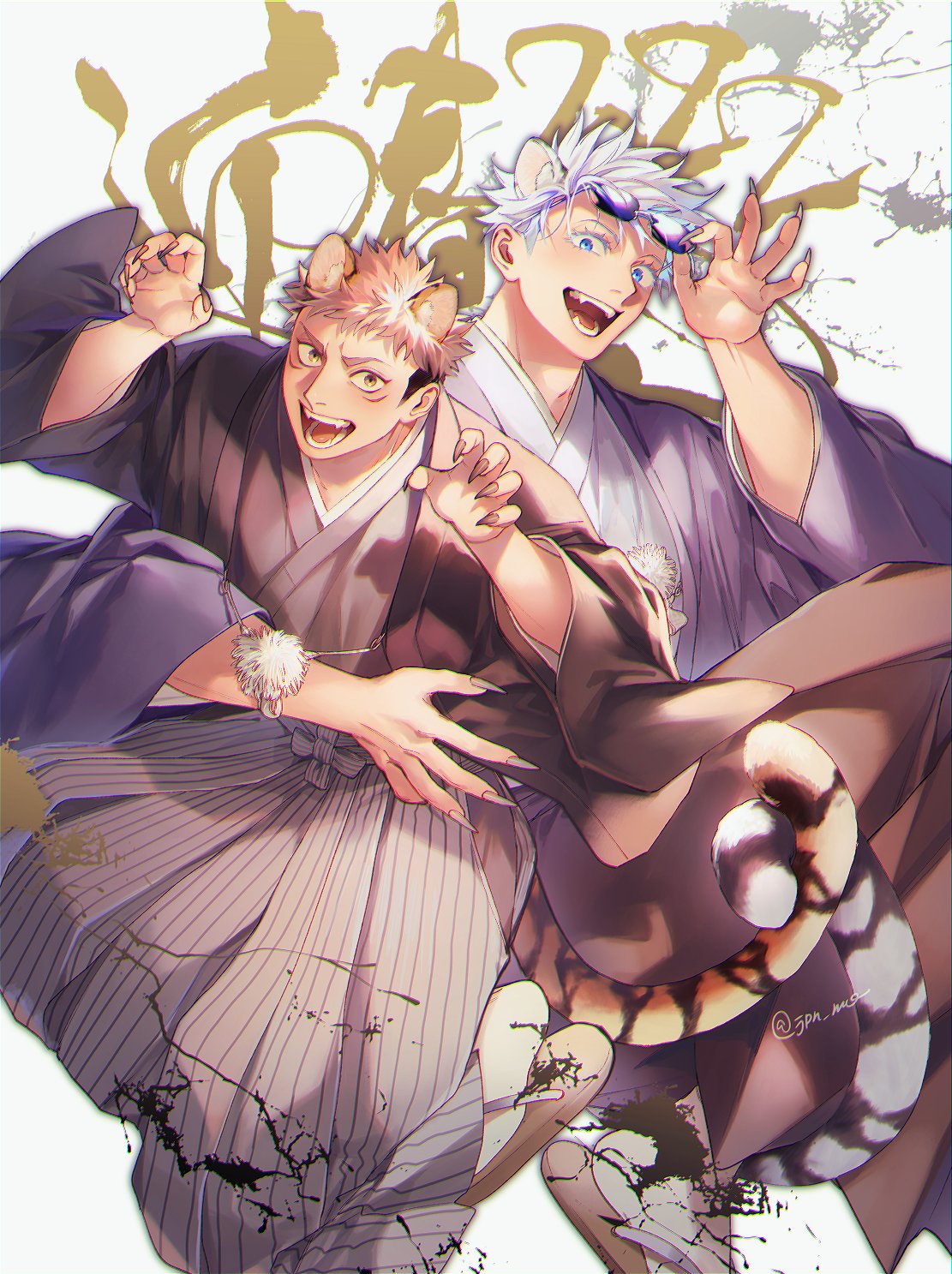 2boys, adjusting_eyewear, animal_ears, blue_eyes, brown_eyes, ccccc_(jpn_m0), chinese_zodiac, claw_pose