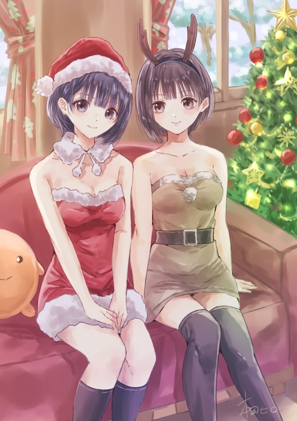 2girls, alternate_costume, animal_costume, artist_name, black_hair, blue_reflection, blue_reflection_tie, bob_cut