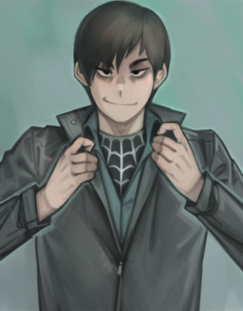 1boy, alternate_hairstyle, black_bodysuit, black_eyes, black_hair, black_jacket, bodysuit, bully_maguire_(meme), dark_persona, english_commentary, evil_smile, green_shirt, highres, jacket, kelvin_hiu, male_focus, marvel, meme, official_alternate_costume, peter_parker, shaded_face, shirt, silk, smile, spider-man_(series), spider-man_3, spider_web, spider_web_print, superhero, tobey_maguire, transformation, upper_body, zipper, zipper_pull_tab