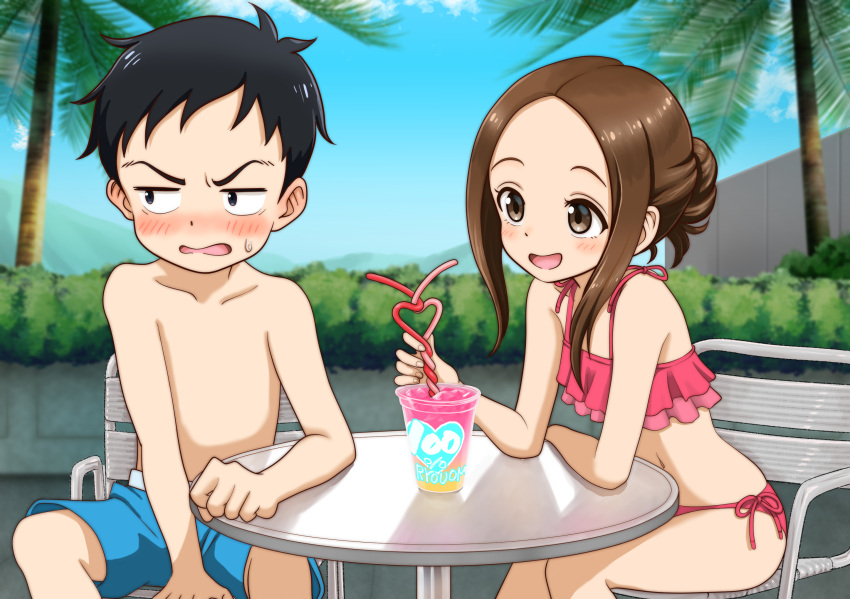 1boy, 1girl, :d, bangs, bikini, black_eyes, black_hair, blue_sky, blush, brown_eyes, brown_hair, chair, crazy_straw, cup, day, disposable_cup, drink, drinking_straw, embarrassed, heart_straw, highres, karakai_jouzu_no_takagi-san, male_swimwear, medium_hair, nishikata, open_mouth, outdoors, palm_tree, parted_bangs, pink_bikini, pool, short_hair, side-tie_bikini, sky, smile, swim_trunks, swimsuit, table, takagi-san, tree, very_short_hair, yachiyo_naga