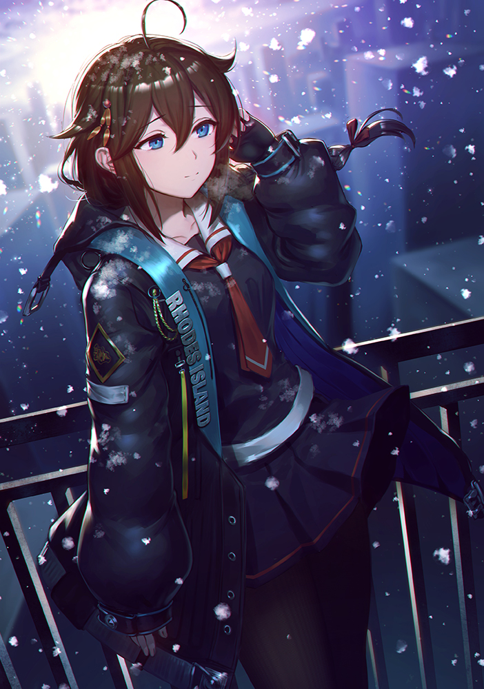 1girl, ahoge, arknights, black_coat, black_gloves, black_legwear, black_serafuku, black_skirt