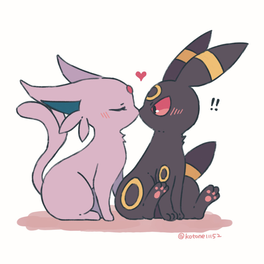 !, !!, absurdres, blush, closed_eyes, commentary_request, espeon, eyelashes, heart, highres, kiss, kotone11152, no_humans, pokemon, pokemon_(creature), sitting, twitter_username, umbreon