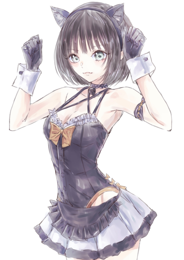 1girl, alternate_costume, animal_ears, apron, bell, black_hair, blue_reflection, blue_reflection_ray