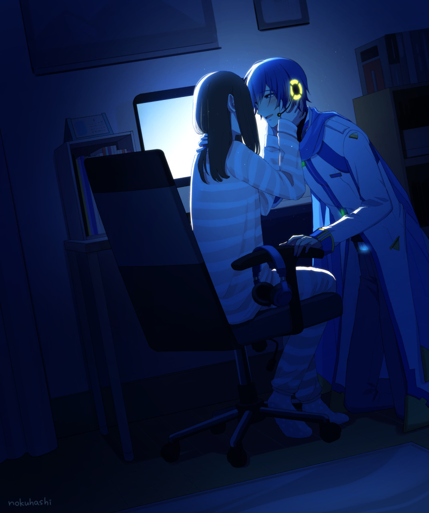 1boy, 1girl, backlighting, bed, blue_hair, blue_scarf, blush, bookshelf