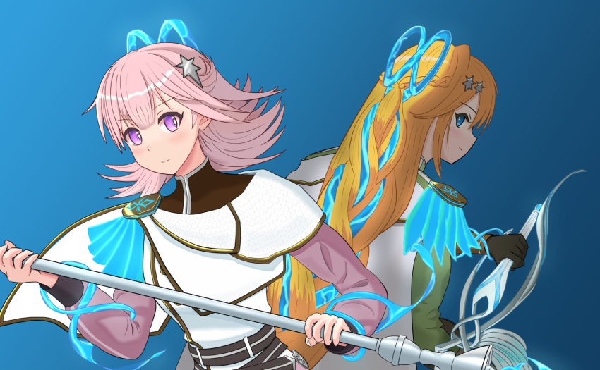 2girls, bangs, blonde_hair, blush, breasts, duel_monster, exorsister, exorsister_caspitelle
