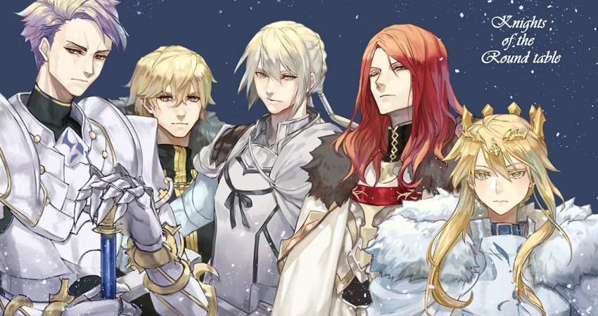 1girl, 4boys, ahoge, airgetlam_(fate), armor, artoria_pendragon_(fate), artoria_pendragon_(lancer)_(fate), bedivere_(fate)