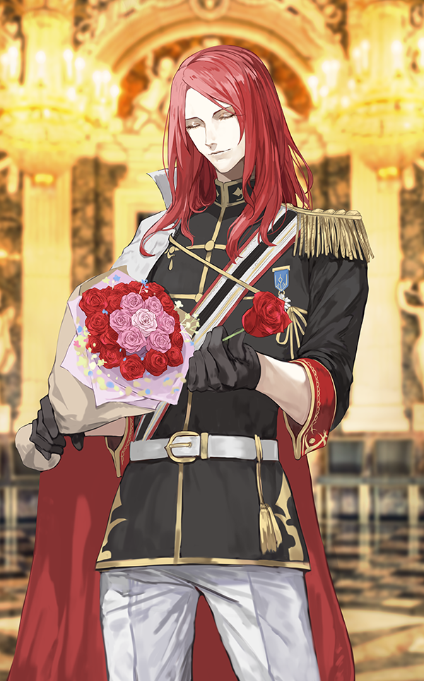 1boy, alternate_costume, blurry, blurry_background, bouquet, closed_eyes, epaulettes, fate/grand_order