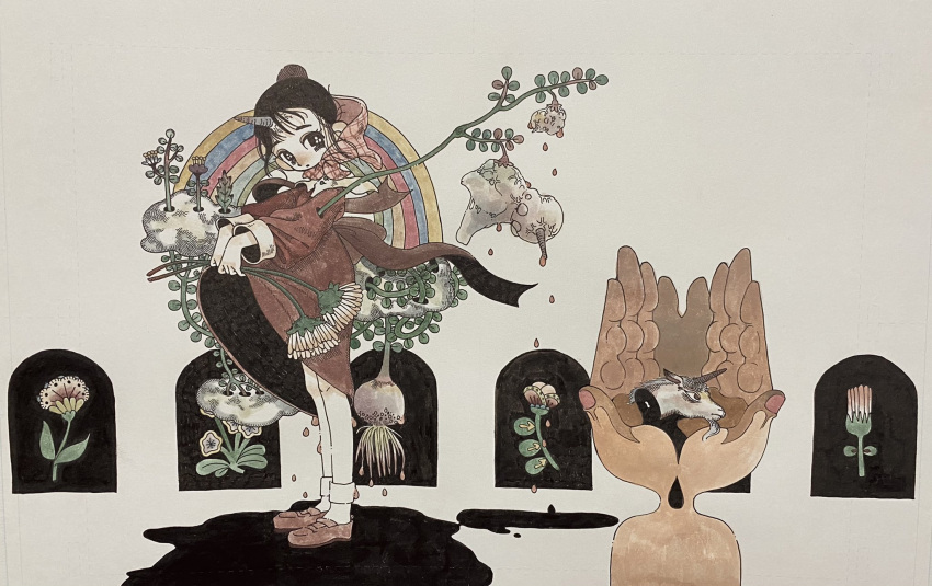 1girl, black_eyes, black_hair, brown_footwear, dress, dripping, flower, fuminooco, highres, horns, long_sleeves, original, plant, rainbow, red_dress, shadow, shoes, single_horn, solo, standing, white_flower, wide_shot