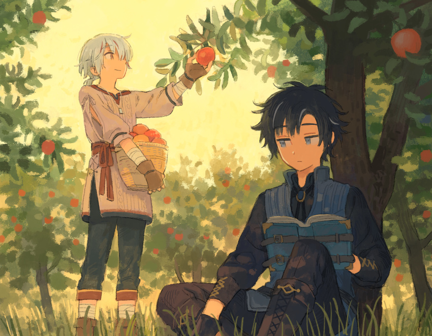 2boys, apple, black_footwear, black_gloves, black_pants, black_shirt, blue_eyes, blue_vest