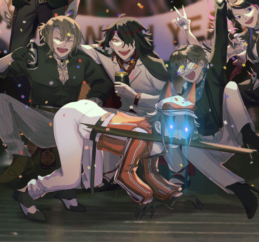 6+boys, absurdres, all_fours, animal_ears, artist_name, belt, bishounen, black_hair