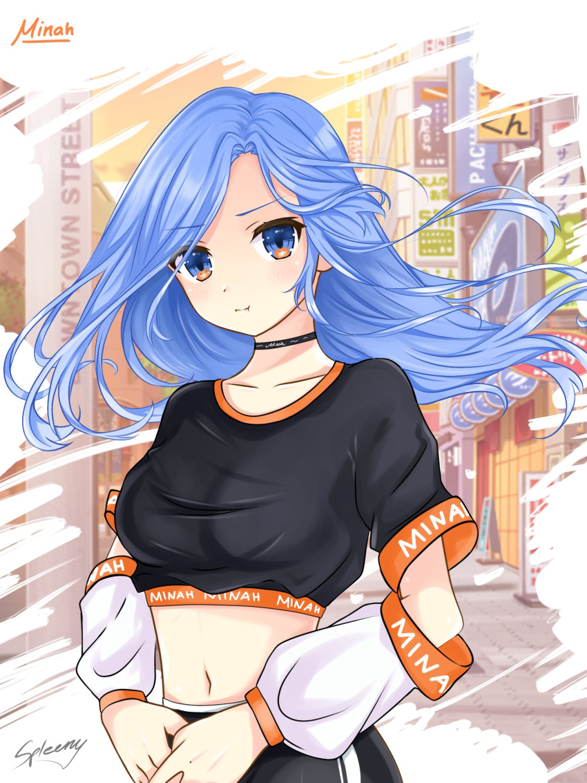 1girl, black_shirt, blue_eyes, blue_hair, borrowed_character, character_name, detached_sleeves, eyebrows_visible_through_hair