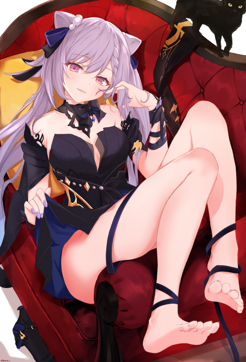 1girl, bangs, bare_legs, bare_shoulders, barefoot, black_cat, black_dress, blue_dress